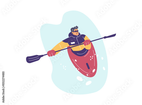 Vector illustration man on a kayak holding an oar in demi-season clothes, gloves and glasses.