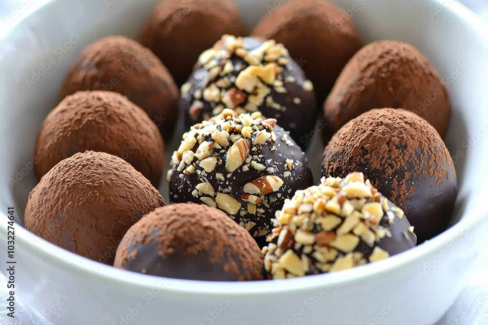 A bowl filled with chocolate truffles, some coated in cocoa powder and others topped with chopped nuts, perfect for dessert or gifting. A bowl filled with chocolate truffles, some coated in cocoa powder and others topped with chopped nuts, perfect for dessert or gifting.