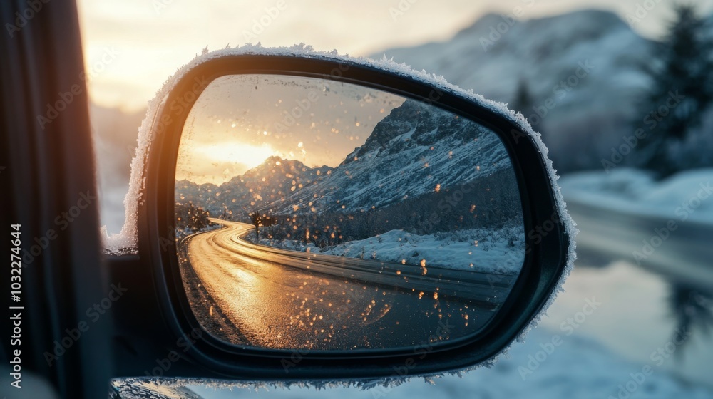 The warm glow of a sunset illuminates snow-covered peaks, while droplets of water cling to a car's side mirror, capturing the beauty of winter driving on a winding mountain road. The warm glow of a sunset illuminates snow-covered peaks, while droplets of water cling to a car's side mirror, capturing the beauty of winter driving on a winding mountain road.