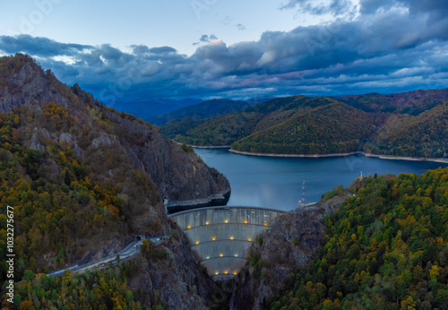 Aerial view of the Vidraru dam - Romania seen in the evening