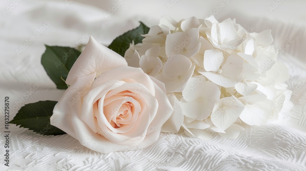 Soft Pink Rose and White Hydrangea Blooms on White Fabric, Tranquil Floral Background Soft Pink Rose and White Hydrangea Blooms on White Fabric, Tranquil Floral Background
