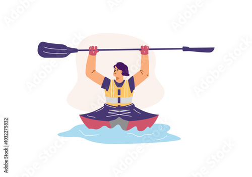 Vector illustration of a woman kayaking on the water, holding an oar above her head