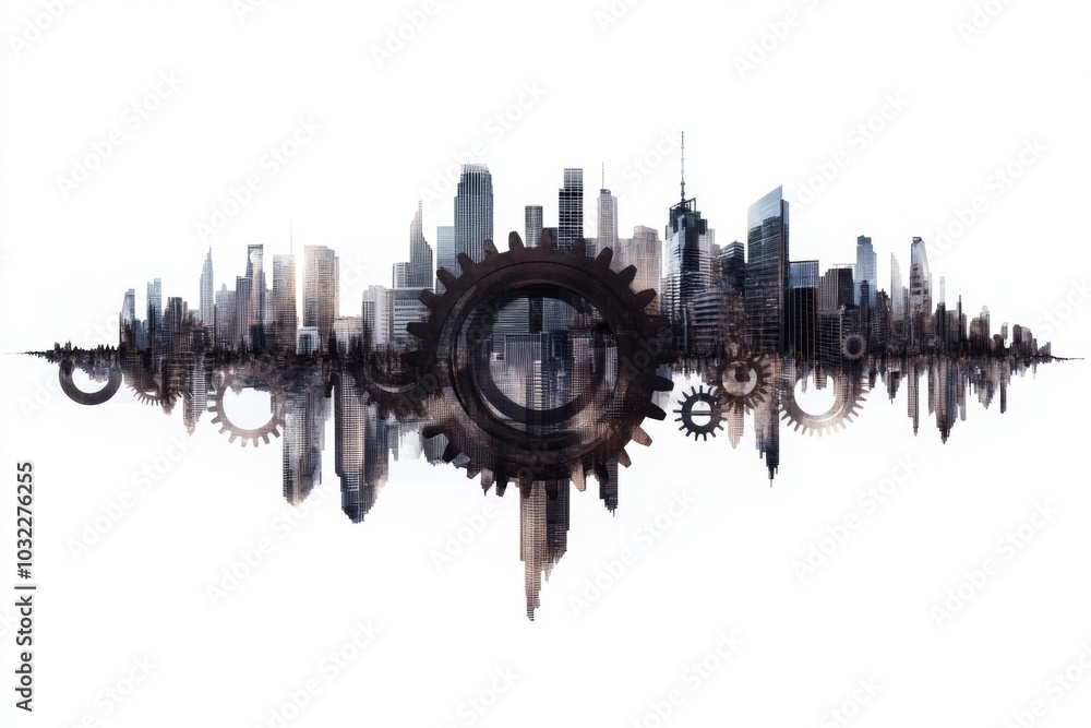 Obraz premium Abstract city skyline of interconnected gears, symbolizing the mechanics of business growth and strategic planning, showcasing innovation, collaboration, and dynamic development.