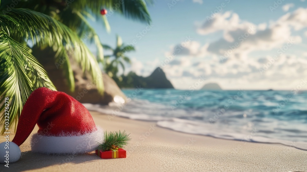 A festive Santa hat and gift on a tropical beach, blending holiday spirit with summer vibes. A festive Santa hat and gift on a tropical beach, blending holiday spirit with summer vibes.