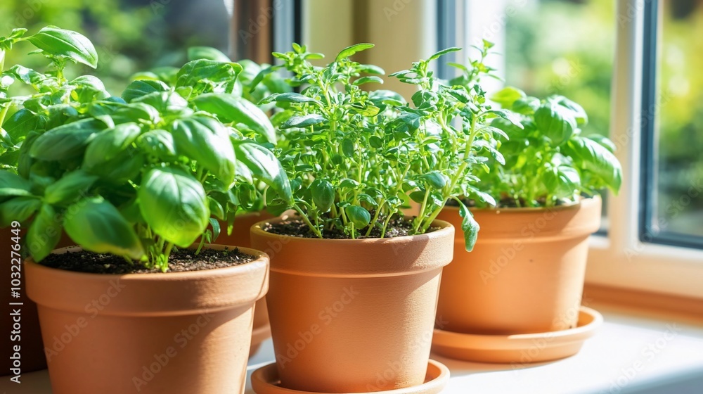 Fresh herbs growing in pots by a sunny window. Fresh herbs growing in pots by a sunny window.