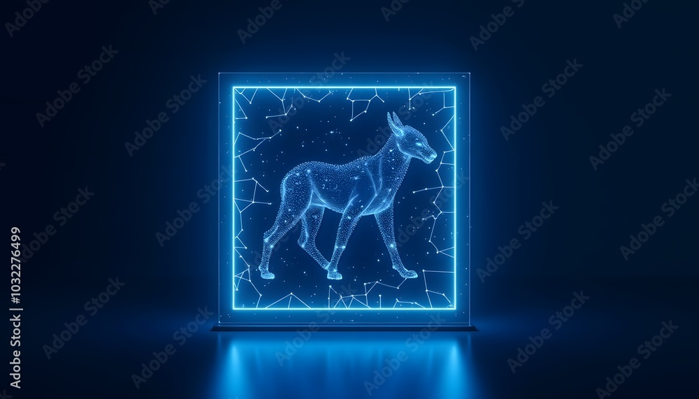 Neon blue holographic image of an animal in a square frame on a dark background Neon blue holographic image of an animal in a square frame on a dark background