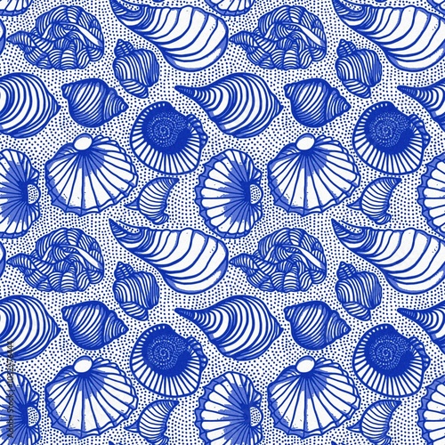 Azure blue white shell motif with linen seamless batik background, Modern coastal beach cottage rustic shell block print home decor pattern design in sealife beach style.