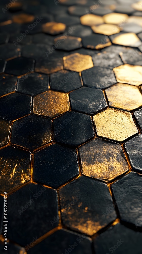 A close-up of the hexagonal tiles on a floor, each tile made up of gold and black metal, against a dark background A close-up of the hexagonal tiles on a floor, each tile made up of gold and black metal, against a dark background