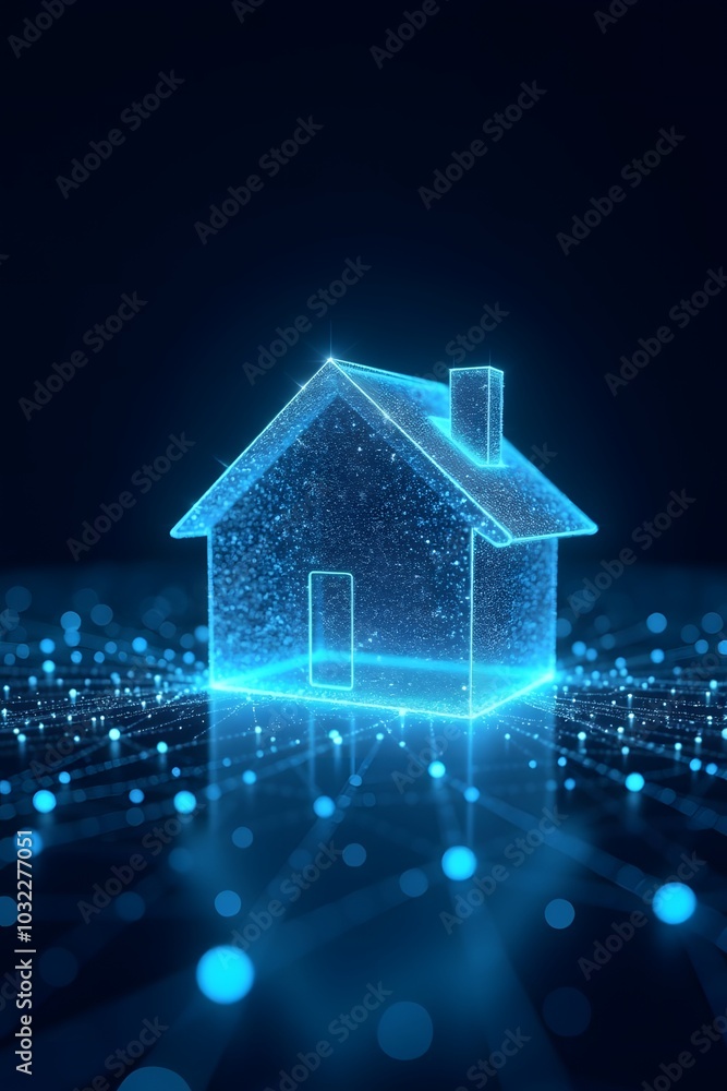 Holographic smart home concept in blue against starry background Holographic smart home concept in blue against starry background