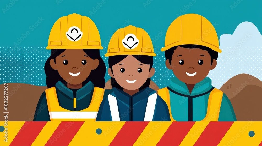 Diverse Team of Construction Workers Smiling Together at Worksite with Safety Gear and Vibrant Background Diverse Team of Construction Workers Smiling Together at Worksite with Safety Gear and Vibrant Background