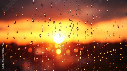 A view of a sunset through a window covered in raindrops.