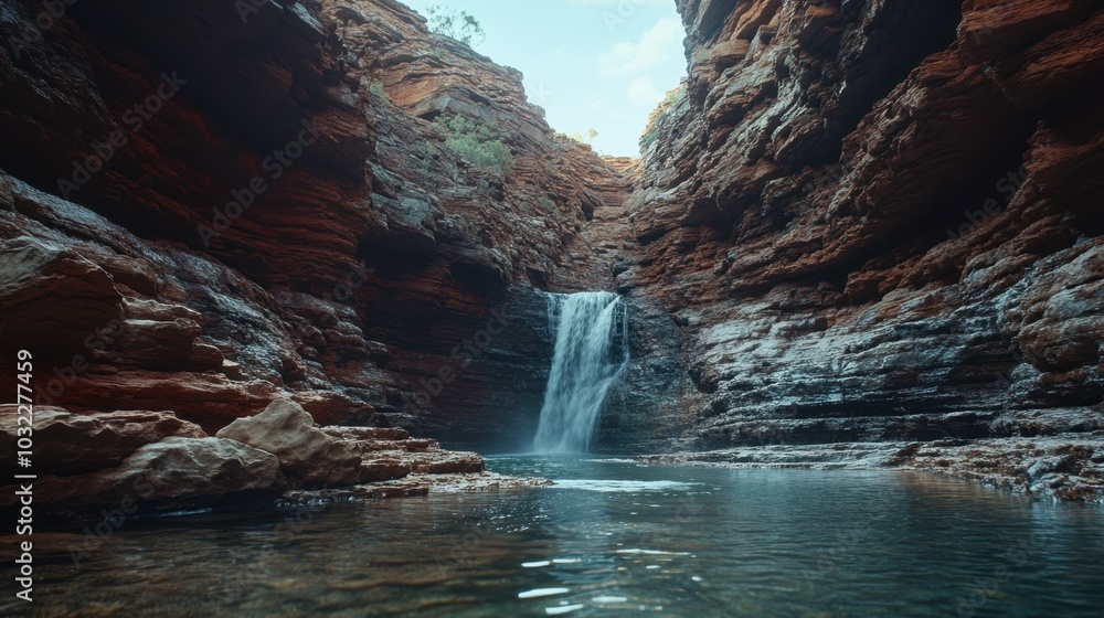 Naklejka premium Serene Waterfall in a Rocky Canyon Landscape