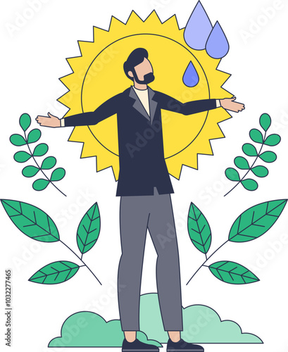 A human figure with outstretched arms surrounded by sun, leaves, and raindrops, symbolizing harmony with nature.