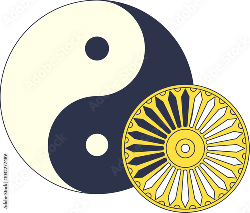 Yin Yang symbol with a chakra wheel, representing balance and spiritual energy.