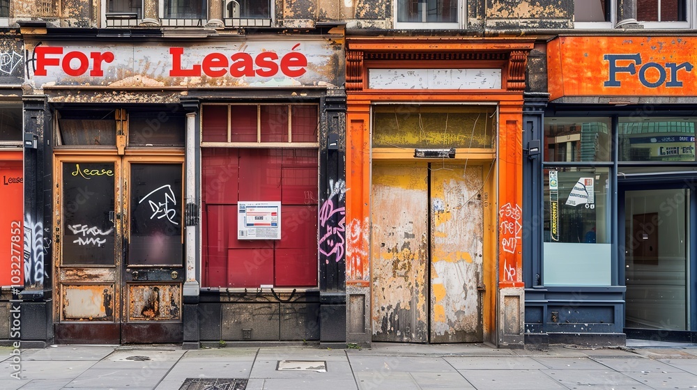 Era's End: Forlorn Traditional Retail Shopfront with Faded Signage and Empty Displays, Marking a New Era for Commerce Era's End: Forlorn Traditional Retail Shopfront with Faded Signage and Empty Displays, Marking a New Era for Commerce