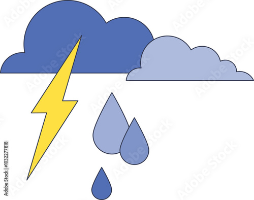 Cloud with raindrops and lightning bolt symbolizes stormy weather.