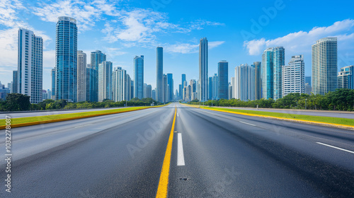 Empty Motorway Leading Towards High-Rise City Buildings and Skyline on a Sunny Day