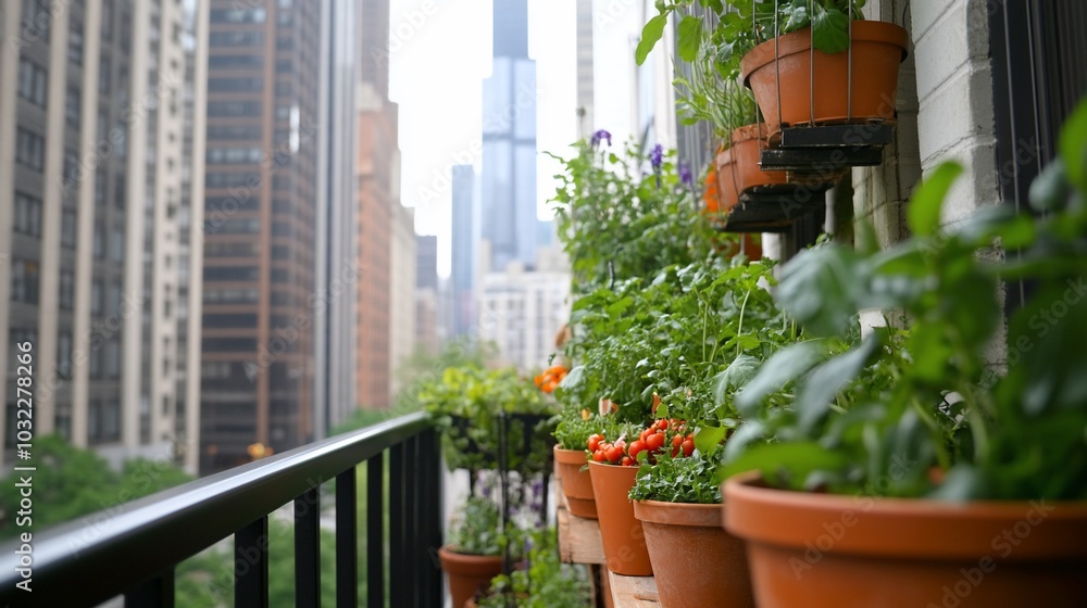 A balcony garden with potted plants amidst urban skyscrapers. A balcony garden with potted plants amidst urban skyscrapers.