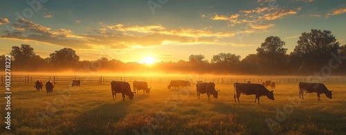 A group of cows are grazing in a field with a beautiful sunset in the background