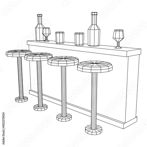 Bar counter with stools, bar top with bottles and glasses. Wireframe low poly mesh vector illustration.