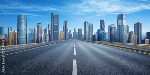 Long Empty Road Leading Towards Glass Buildings and Skyscrapers with Blue Sky Above