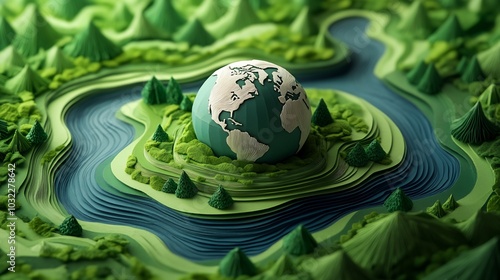 Beautiful Earth Daythemed paper art green landscapes rivers and a globe in the center The design emphasizes the importance of ecology environmental protection and nature conservation photo