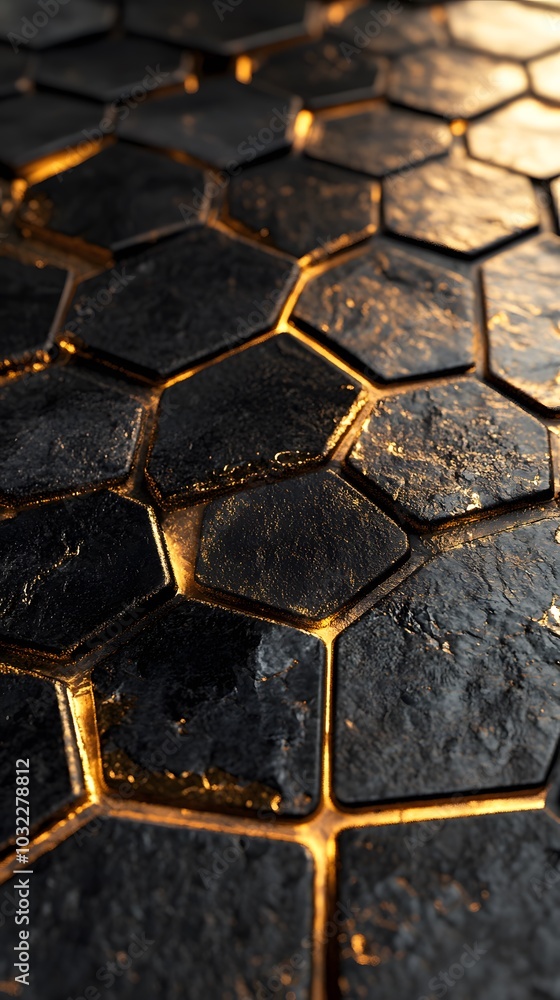 A close-up of the hexagonal tiles on a floor, each tile made up of gold and black metal, against a dark background A close-up of the hexagonal tiles on a floor, each tile made up of gold and black metal, against a dark background