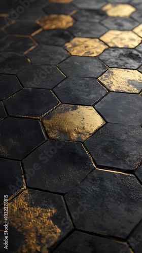 A close-up of the hexagonal tiles on a floor, each tile made up of gold and black metal, against a dark background