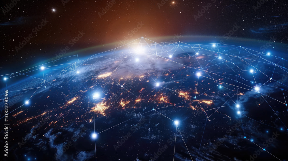 A breathtaking view of Earth, illuminated by city lights and connected by a web of digital lines, symbolizing the interconnectedness of our global community. A breathtaking view of Earth, illuminated by city lights and connected by a web of digital lines, symbolizing the interconnectedness of our global community.