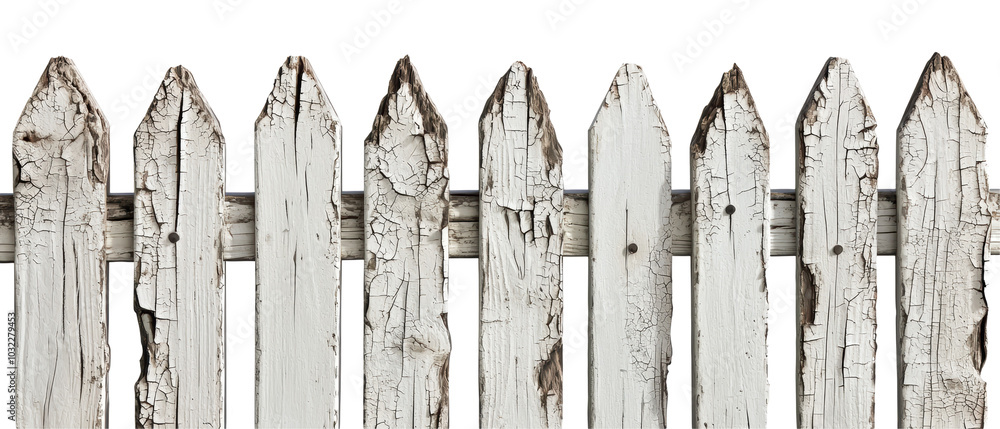 A close-up of a weathered white picket fence against a transparent background, showcasing its rustic charm and unique texture. A close-up of a weathered white picket fence against a transparent background, showcasing its rustic charm and unique texture.