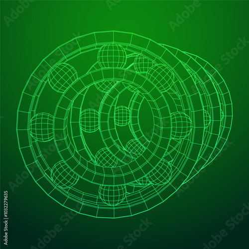Roller bearing. Circular round rotating bearings used in industry for heavy equipment mechanical work and engineering. Wireframe low poly mesh vector illustration.