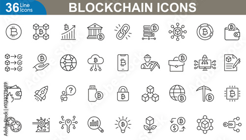 Blockchain line Icons Set. Cryptocurrency, decentralized, fintech, secure transactions, digital ledger, bitcoin and more. vector illustrator.