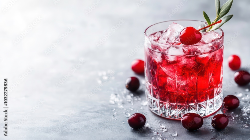 A refreshing glass of cranberry juice with ice and a sprig of rosemary on a gray background. A refreshing glass of cranberry juice with ice and a sprig of rosemary on a gray background.