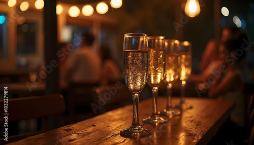 Elegant champagne glasses filled with sparkling drink are arranged on wooden table, illuminated by warm ambient lights in cozy setting. atmosphere is inviting and festive, perfect for celebrations photo