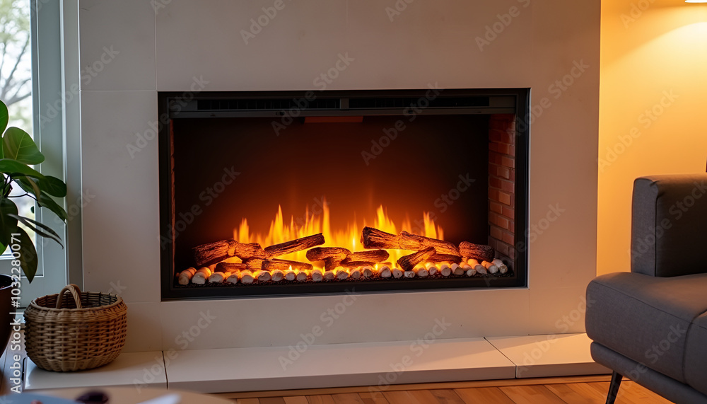 Modern electric fireplace in a cozy living room, warm and inviting atmosphere Modern electric fireplace in a cozy living room, warm and inviting atmosphere