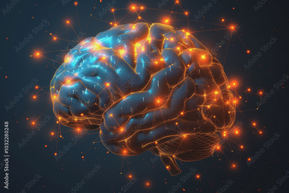 Fototapeta premium A human brain with interconnected circuits and glowing lines.