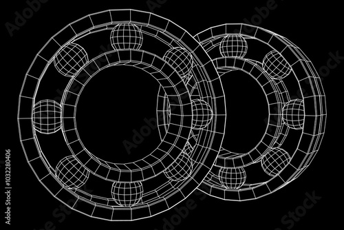 Roller bearing. Circular round rotating bearings used in industry for heavy equipment mechanical work and engineering. Wireframe low poly mesh vector illustration.
