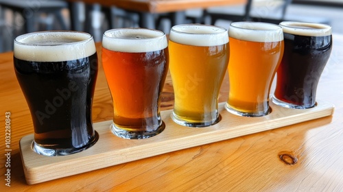 A close-up of a flight of craft beers, showcasing the different colors and textures in each glass, from pale ales to dark stouts, with foam heads glistening. photo