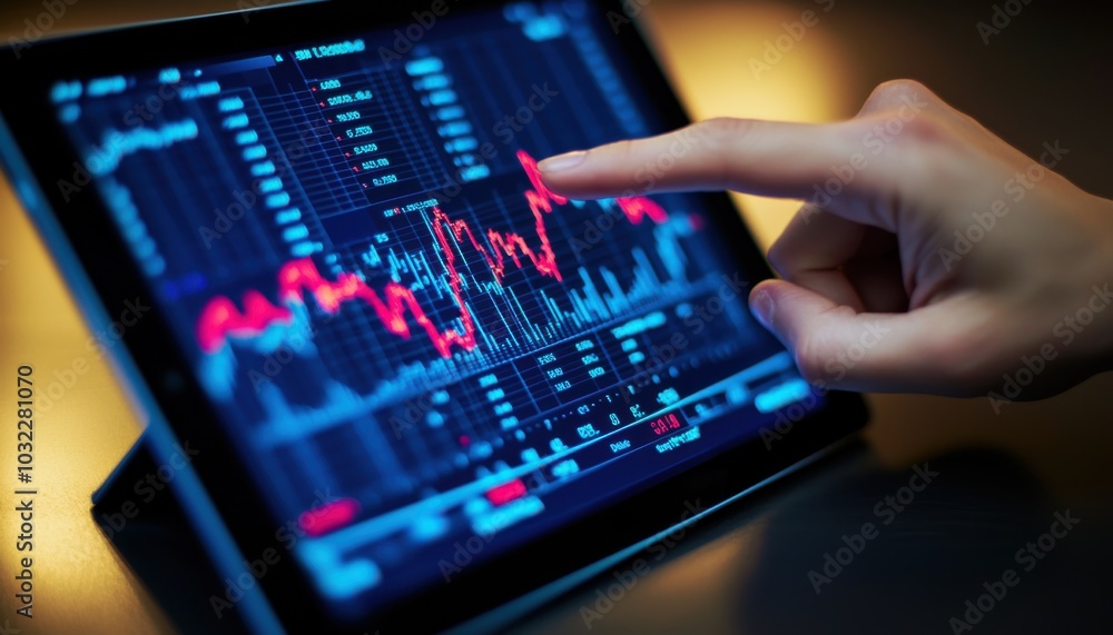 A close-up of a hand interacting with a digital tablet displaying financial data and stock market trends. A close-up of a hand interacting with a digital tablet displaying financial data and stock market trends.