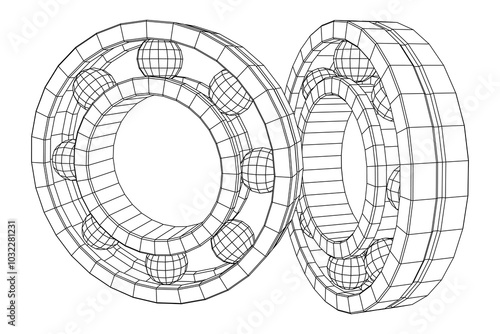 Roller bearing. Circular round rotating bearings used in industry for heavy equipment mechanical work and engineering. Wireframe low poly mesh vector illustration.