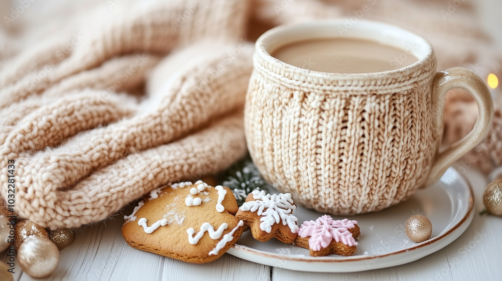 Cozy Winter Morning with Knit Mug and Gingerbread Cookies – Warm Holiday Vibes, ai generative Cozy Winter Morning with Knit Mug and Gingerbread Cookies – Warm Holiday Vibes, ai generative