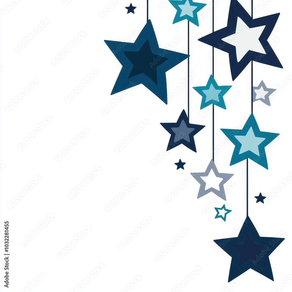 Obraz premium Colorful hanging stars on white background, perfect for festive designs.