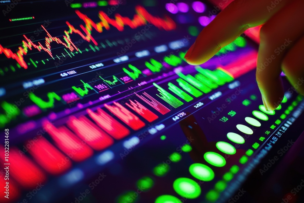 A close-up of a digital screen displaying colorful graphs and data metrics, indicating financial or analytical information. A close-up of a digital screen displaying colorful graphs and data metrics, indicating financial or analytical information.