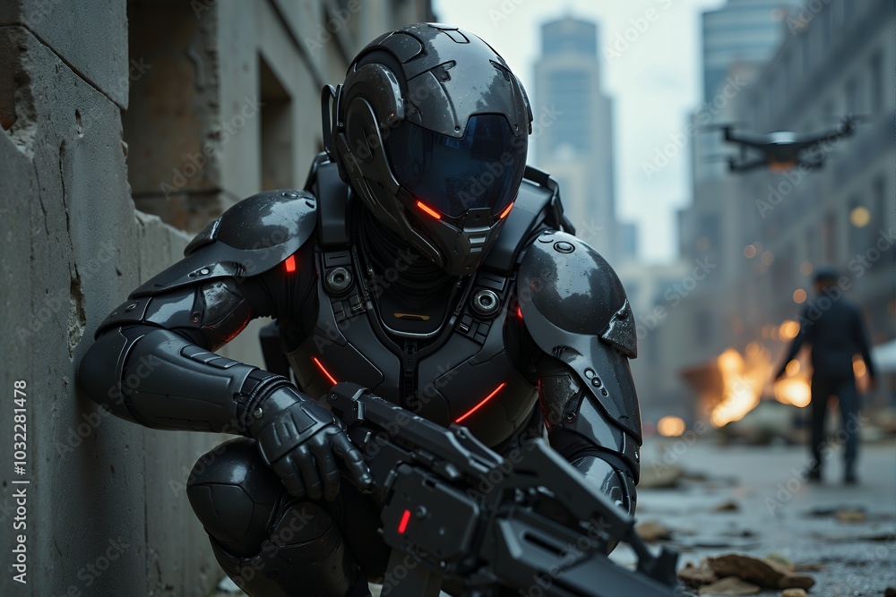 A woman in a battle-ready futuristic robo suit, geared for urban warfare A woman in a battle-ready futuristic robo suit, geared for urban warfare