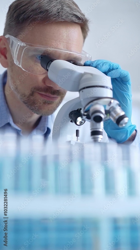 Man scientist with protective glasses and gloves is using micros Man scientist with protective glasses and gloves is using micros