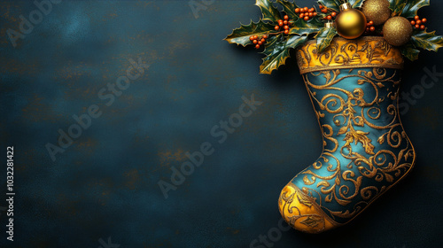 Elegant Blue and Gold Christmas Stocking with Ornaments and Holly – Festive Holiday Decor, ai generative