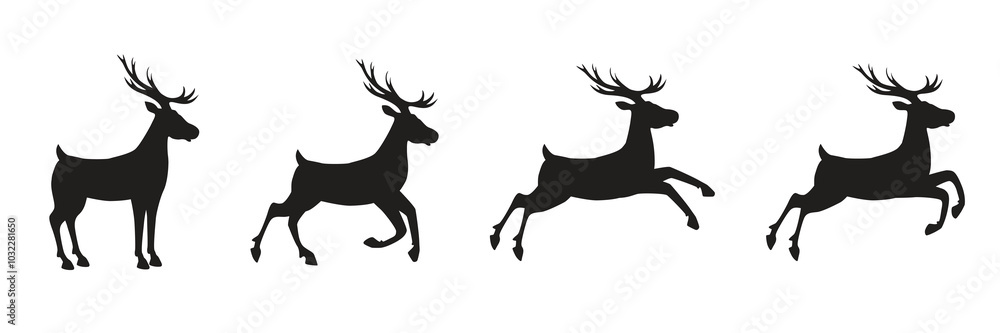 Collection of a black silhouettes of a standing, running and jumping full length deers. Vector illustration isolated on white background Collection of a black silhouettes of a standing, running and jumping full length deers. Vector illustration isolated on white background