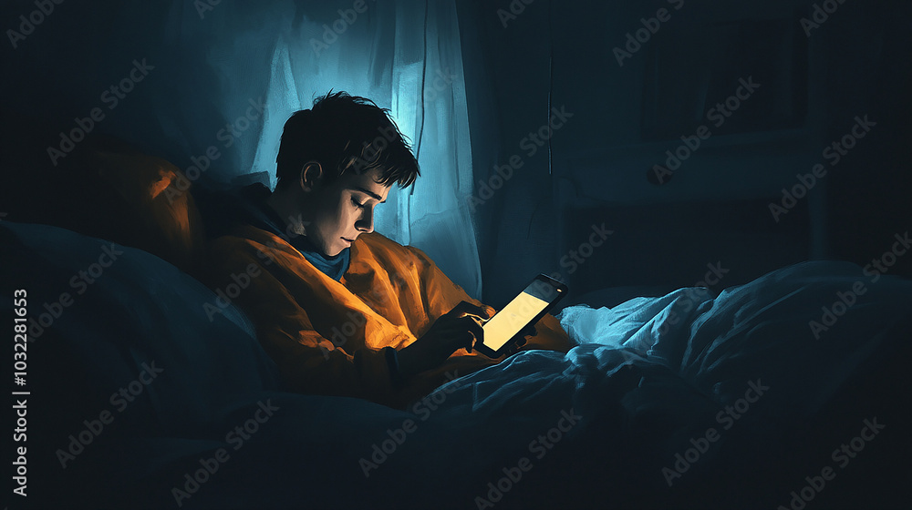 Person scrolling on a smartphone in bed at night Person scrolling on a smartphone in bed at night