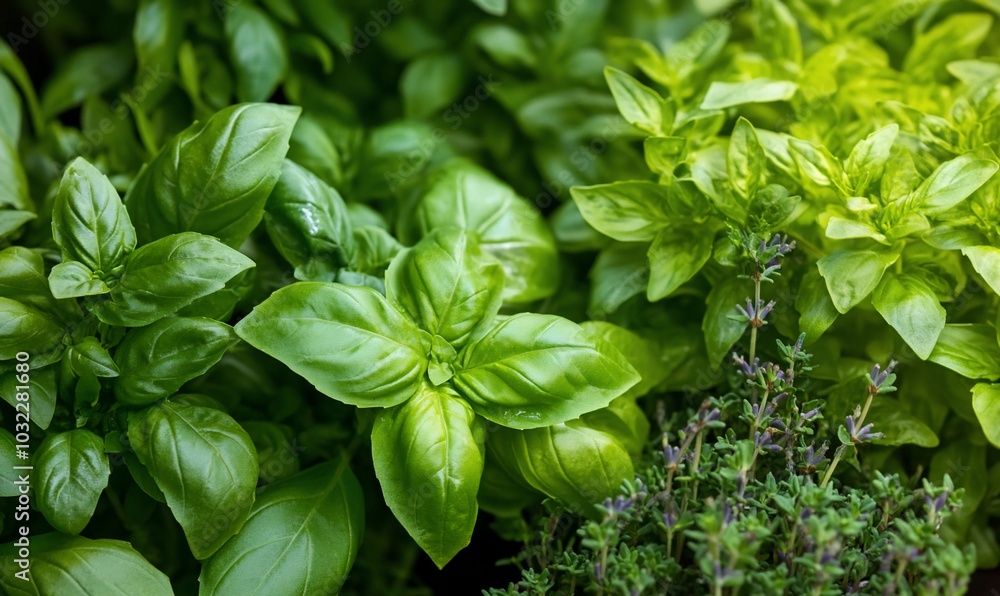 A close-up of fresh basil and thyme leaves, showcasing their vibrant colors. A close-up of fresh basil and thyme leaves, showcasing their vibrant colors.