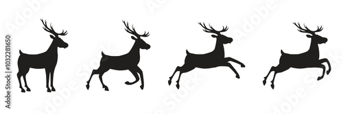 Collection of a black silhouettes of a standing, running and jumping full length deers. Vector illustration isolated on white background